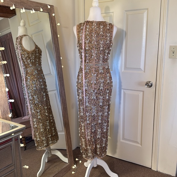 MAC DUGGALBeige Embellished High Neck Sleeveless A Line Dress
